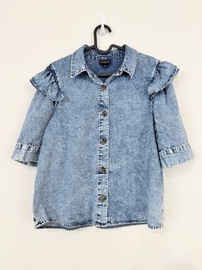 Who What Wear Light Blue Acid Wash Denim Shirt